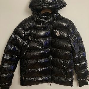 Used Moncler men’s small black asymmetrical zipper on left side shiny ja…